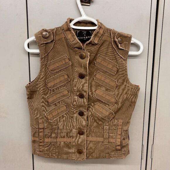 Khaki Utilitarian Army Military Look Vest by Nitrogen Size S Distressed - Picture 1 of 15